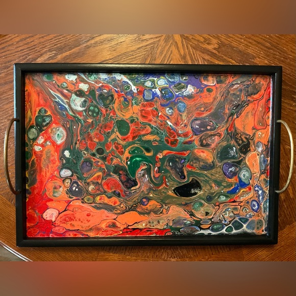 Gorgeous Handmade Original Colorfully Painted Wooden Brass Handle Serving Tray! - Picture 12 of 15